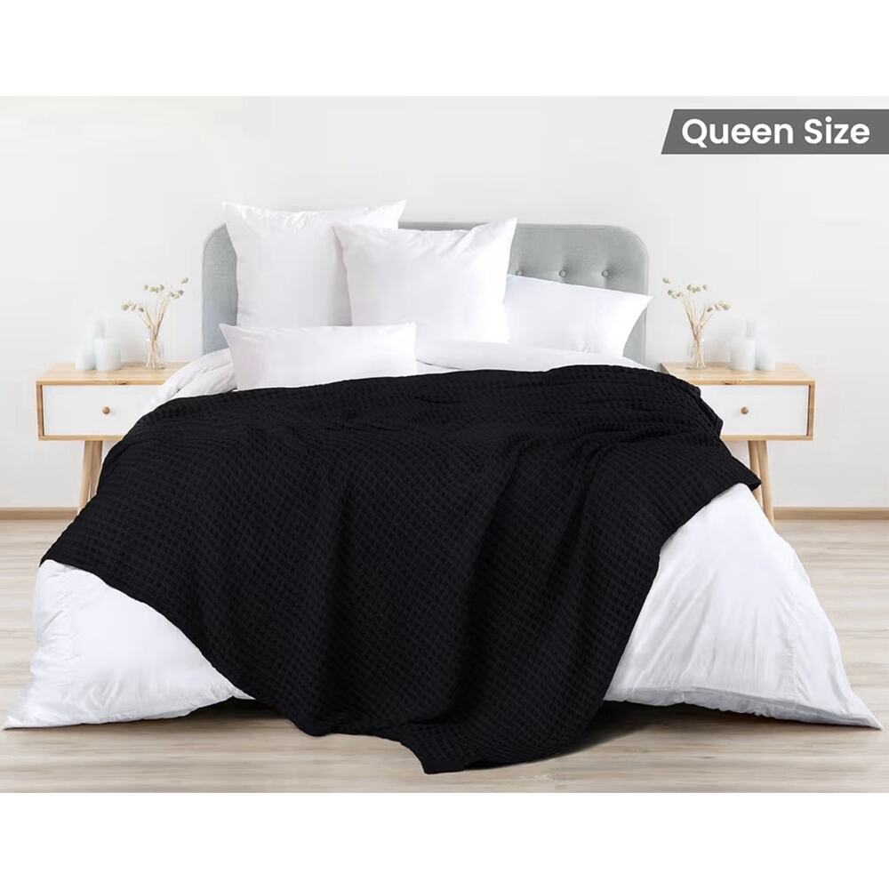 Utopia Bedding 100% Cotton Waffle Weave Blanket Queen 90x90 Black New - Picture 2 of 4
